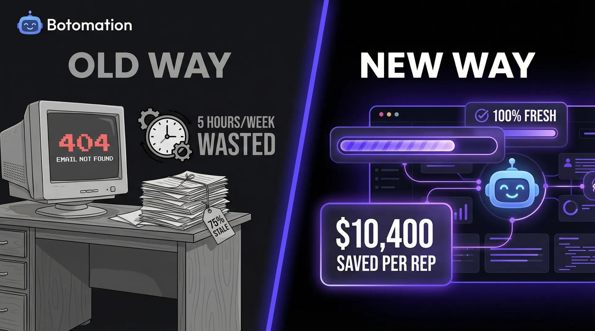A comparison graphic showing the 'Old Way' with 5 hours of weekly waste vs the 'New Way' using Botomation to save $10,400 per sales rep through automated data freshness.