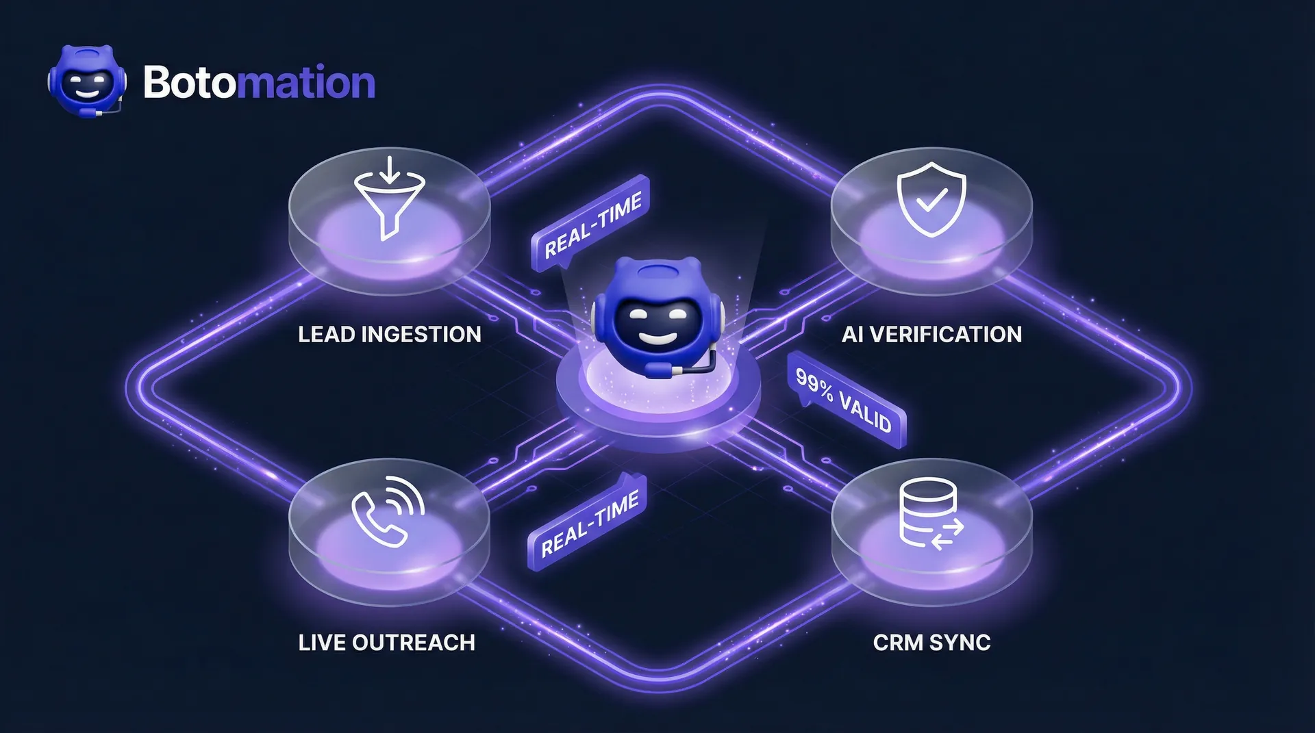 An isometric technical diagram showing the automated loop between lead ingestion, AI verification, CRM synchronization, and outreach, powered by Botomation.