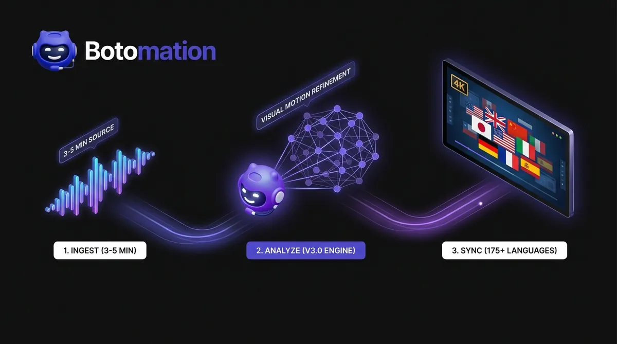 A technical flowchart showing the 3-step AI voice cloning process: 3-5 minute source audio ingestion, neural analysis with visual motion refinement, and 175+ language lip-sync output.
