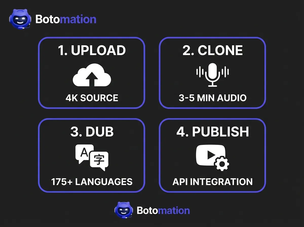 A 4-step workflow diagram for YouTube creators showing the process of uploading 4K video, cloning voice with 3-5 mins of audio, dubbing into 175+ languages, and publishing via API.