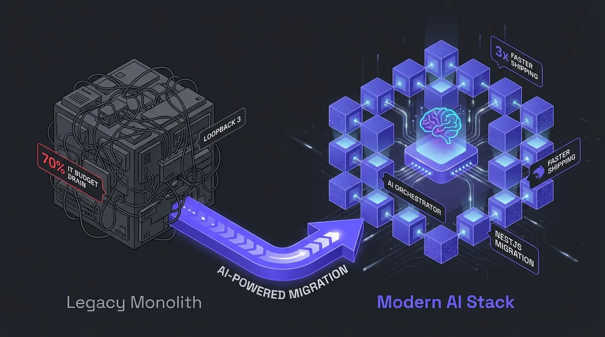 Isometric architectural diagram showing a grey 'Legacy Monolith' with '70% budget drain' transitioning via a purple arrow to a 'Modern AI Stack' featuring microservices and an 'AI Orchestrator' with '3x faster shipping' metrics.
