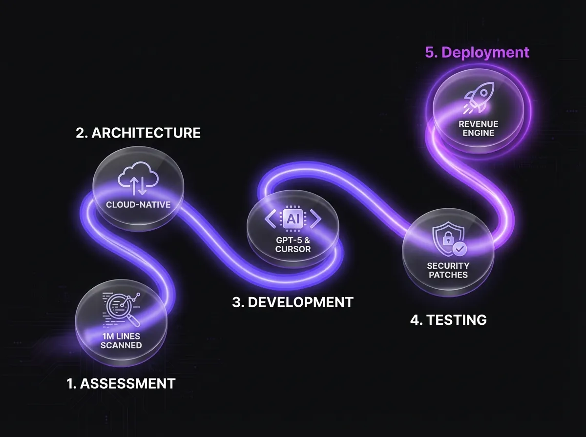 A 5-step modernization roadmap showing Assessment (1M lines scanned), Architecture (Cloud-native), Development (GPT-5 & Cursor), Testing (Security), and Deployment (Revenue Engine) in a purple tech style.