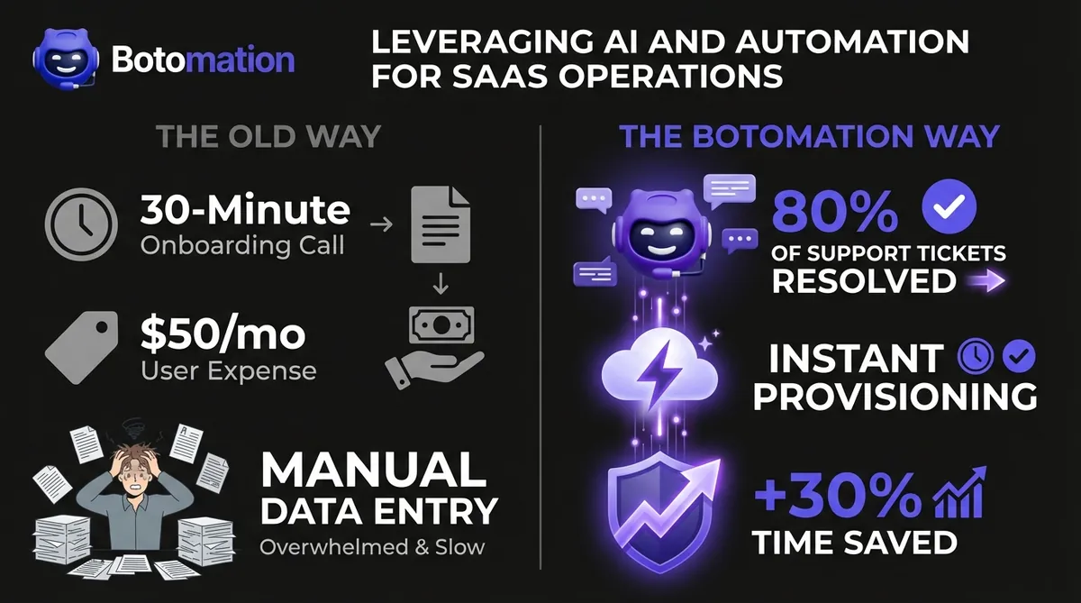 Infographic comparing the manual 'Old Way' of SaaS operations versus the automated 'Botomation Way', highlighting 80% ticket resolution and 30% time savings.