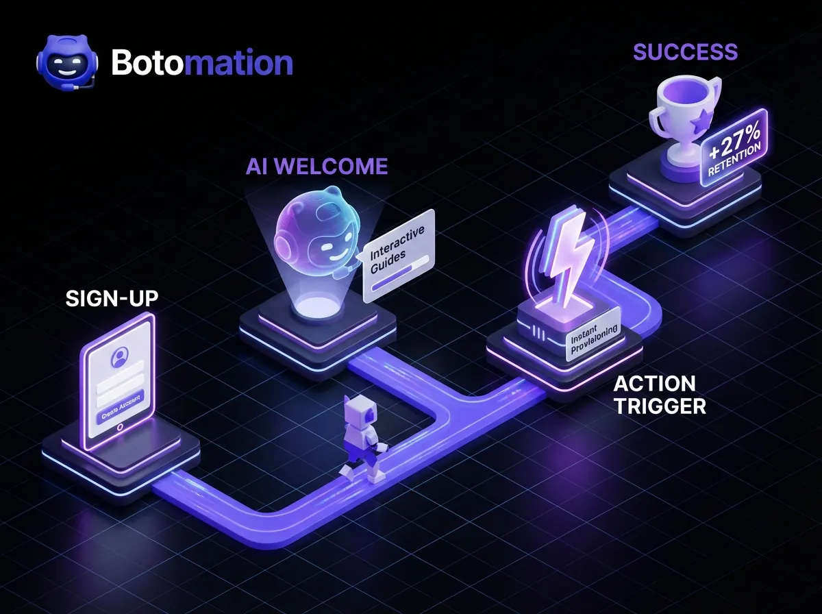 Isometric 3D diagram of an automated onboarding workflow showing sign-up, AI-driven guidance, instant provisioning, and a 27% increase in retention.