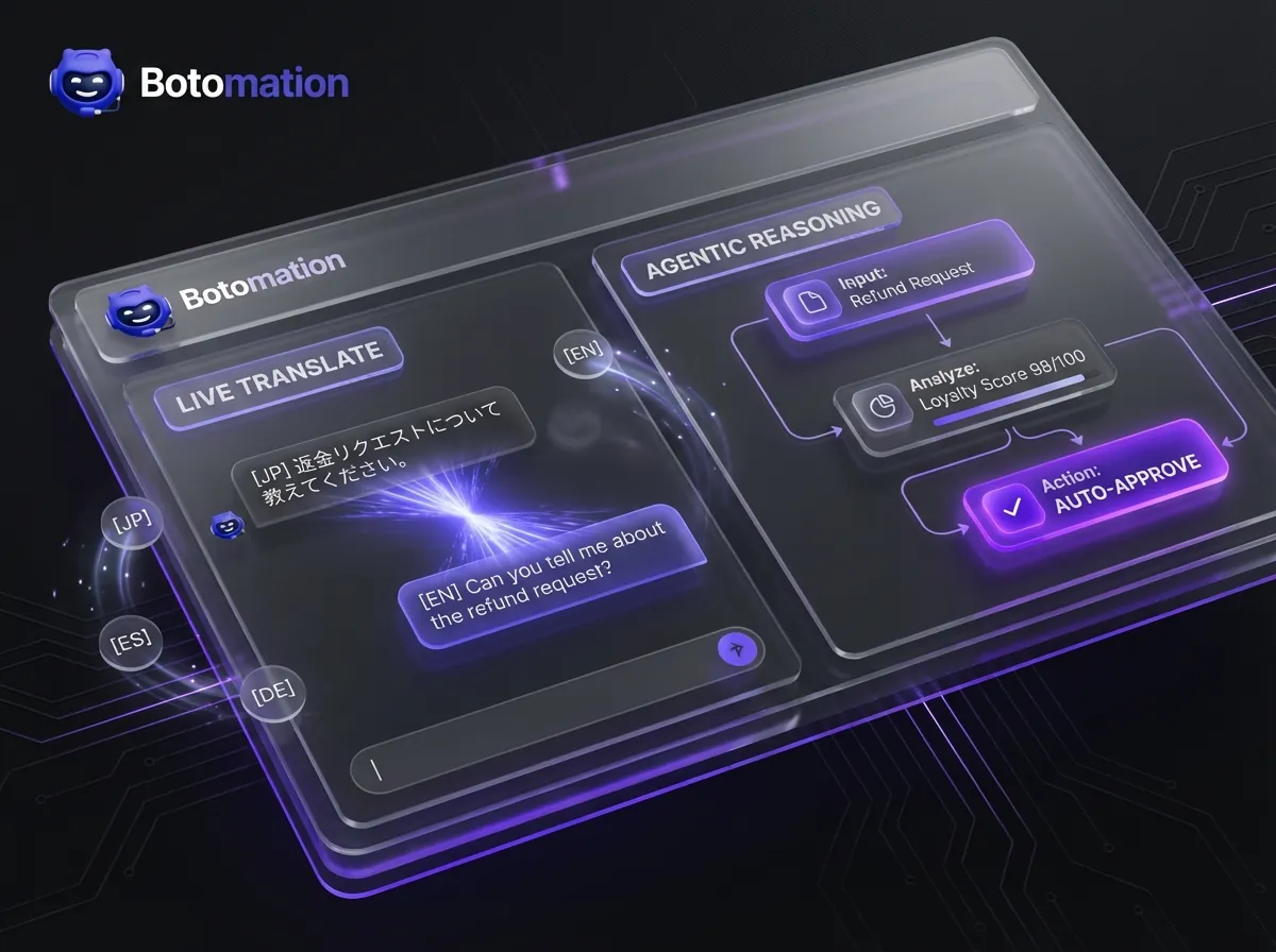 A modern software interface showing AI support features: live translation from Japanese to English and an agentic reasoning flow for automated refund approval.