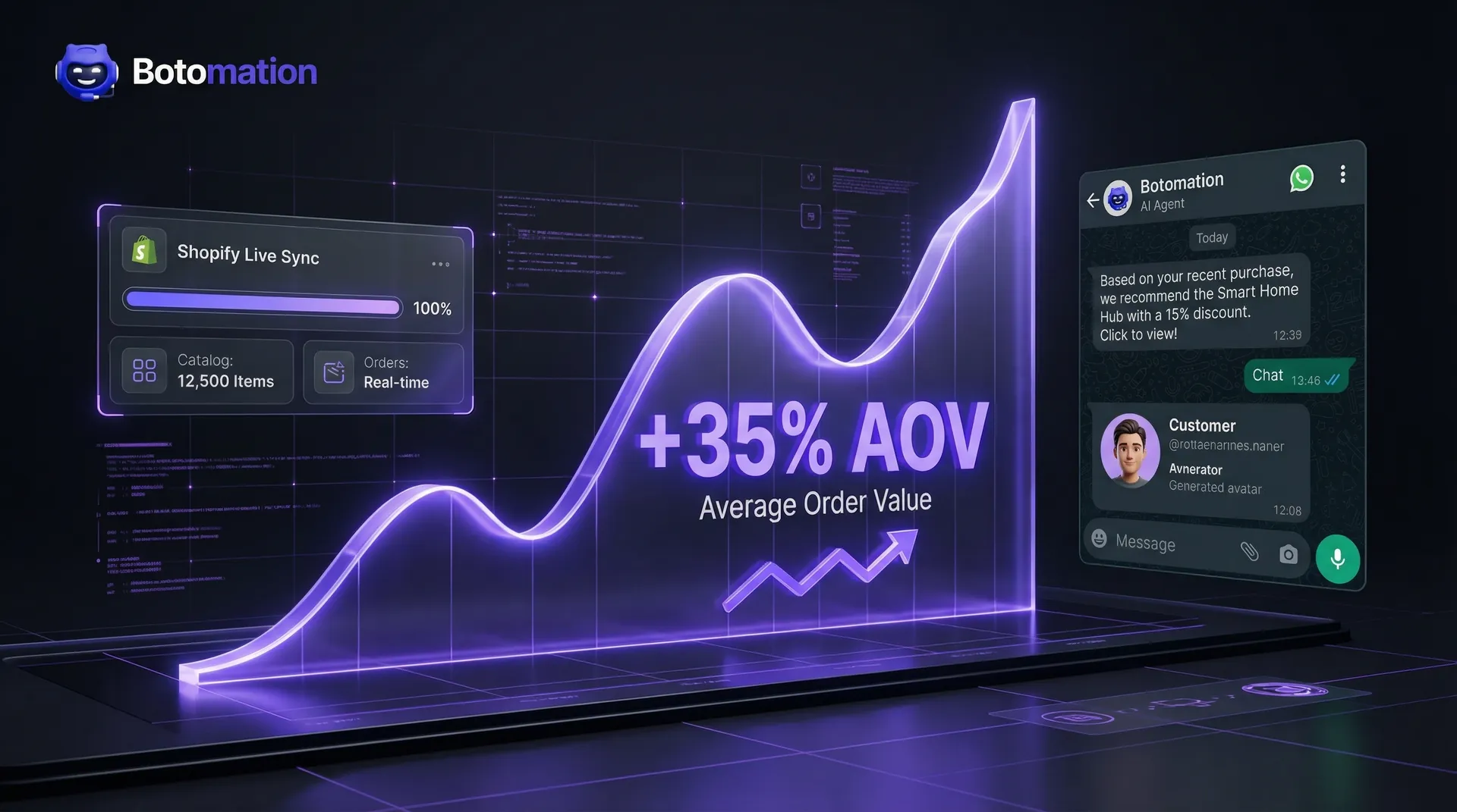A futuristic e-commerce dashboard featuring a 35% Average Order Value (AOV) growth metric, showing the integration of Shopify data and AI-powered WhatsApp recommendations.