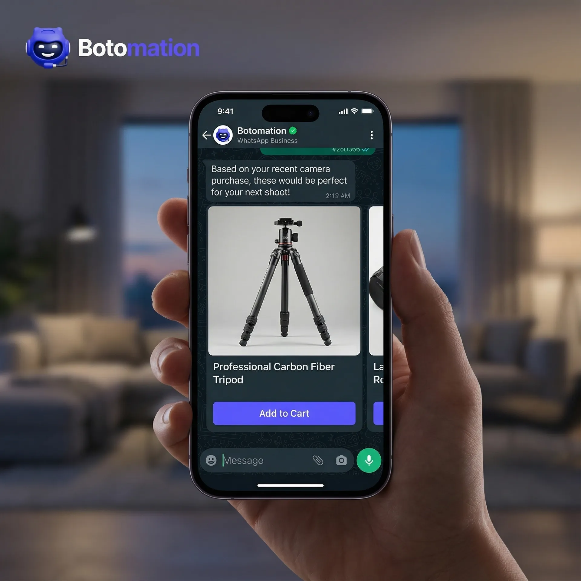 A smartphone screen displaying a WhatsApp Multi-Product Message (MPM) with an AI-suggested tripod and a purple Botomation-styled 'Add to Cart' button.