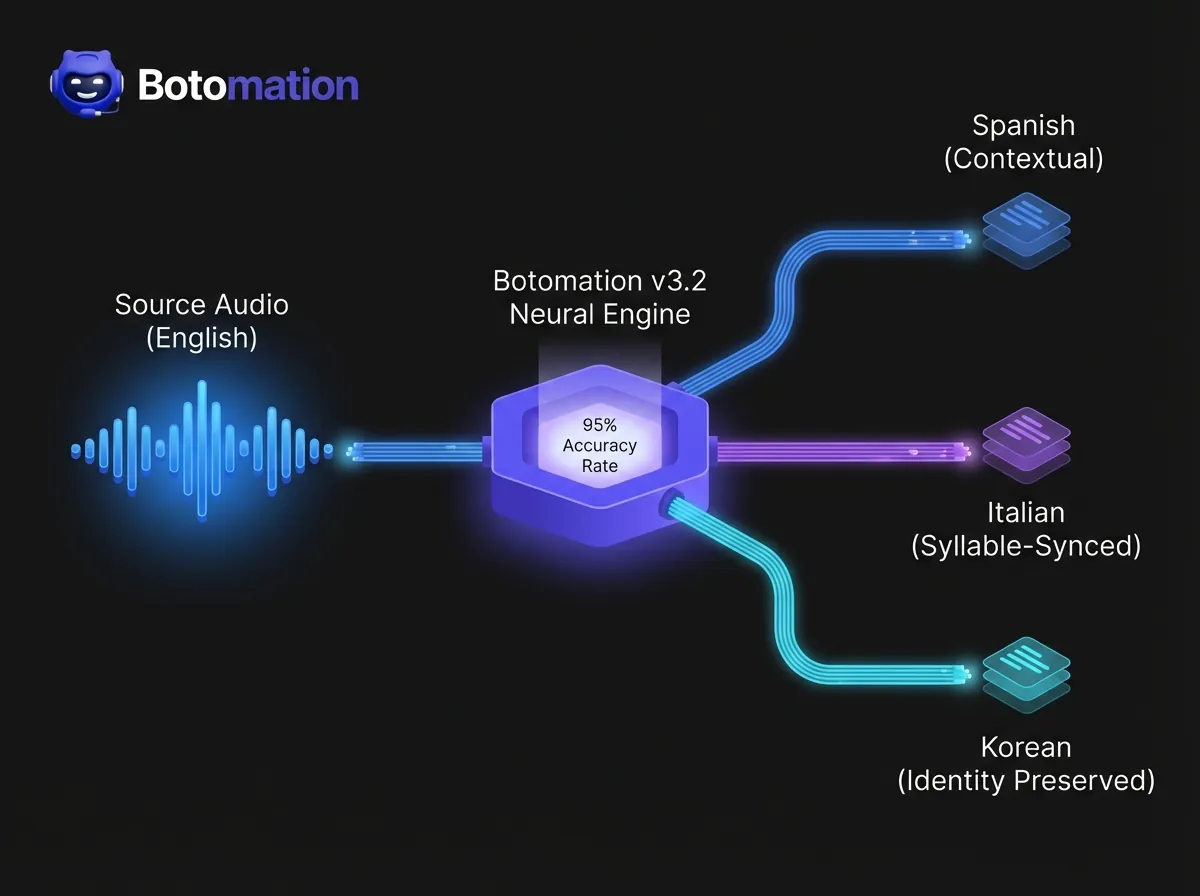 A technical diagram of the Botomation v3.2 Neural Engine processing English audio into Spanish, Italian, and Korean with a 95% accuracy rate.