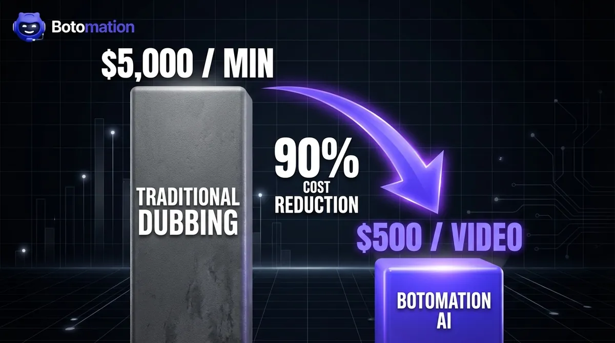 A bar chart comparing the $5,000 per minute cost of traditional dubbing to the $500 per video cost of Botomation AI, highlighting a 90% cost reduction.