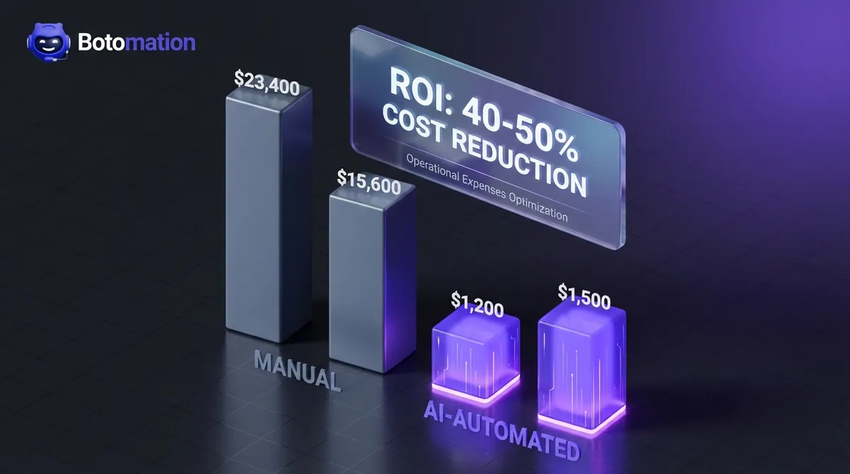 3D isometric bar chart comparing manual labor costs of $23,400 to AI-automated costs of $1,200, demonstrating the 40-50% operational savings mentioned in the 2026 report.