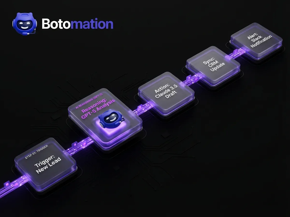 A technical 3D flowchart showing the AI Lead Responder process: Trigger, GPT-5 Reasoning, Claude 3.5 Drafting, CRM Sync, and Slack Alert, styled in Botomation purple.