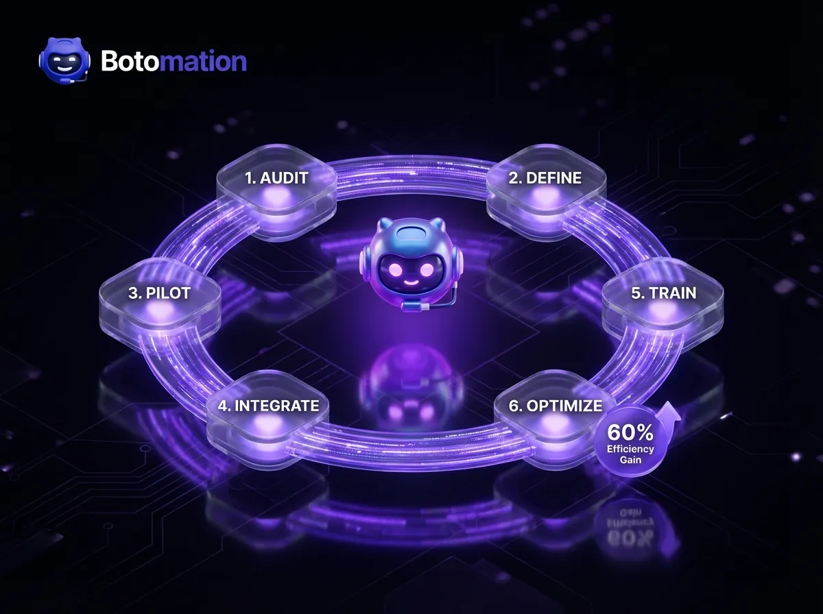 A 3D circular flowchart illustrating the 6-step implementation process (Audit to Optimize) for SME project management, featuring glowing purple pathways and Botomation branding.