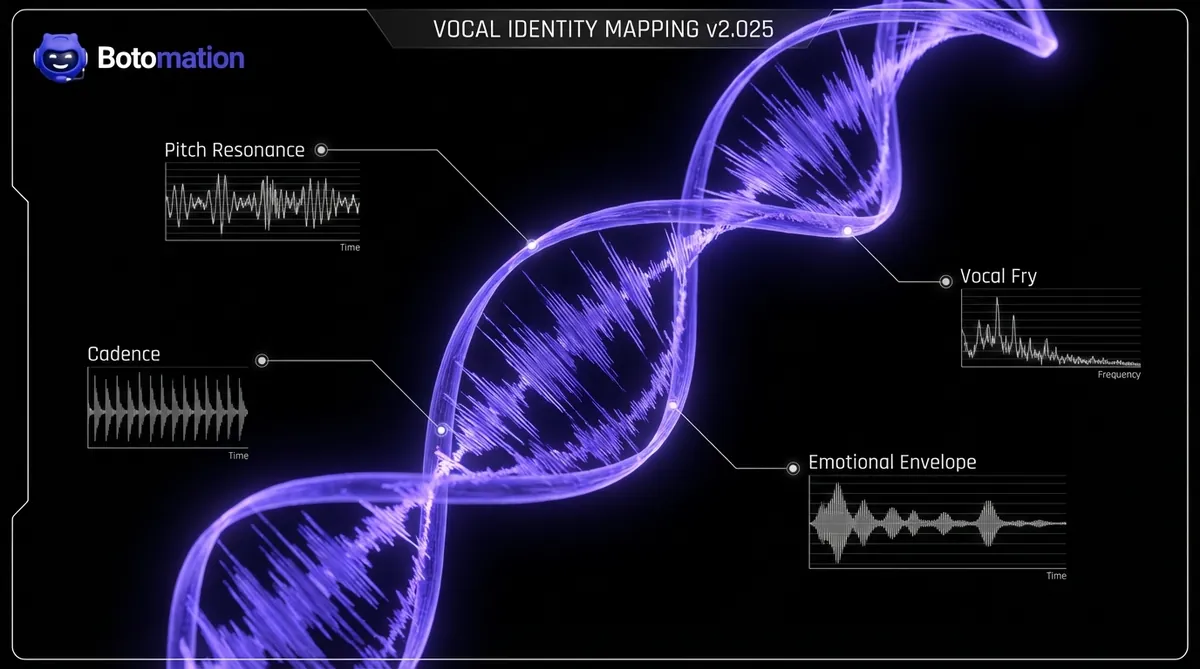 A 3D visualization of a double-helix audio waveform labeled with pitch, cadence, and vocal fry, representing the mapping of unique brand voice traits.