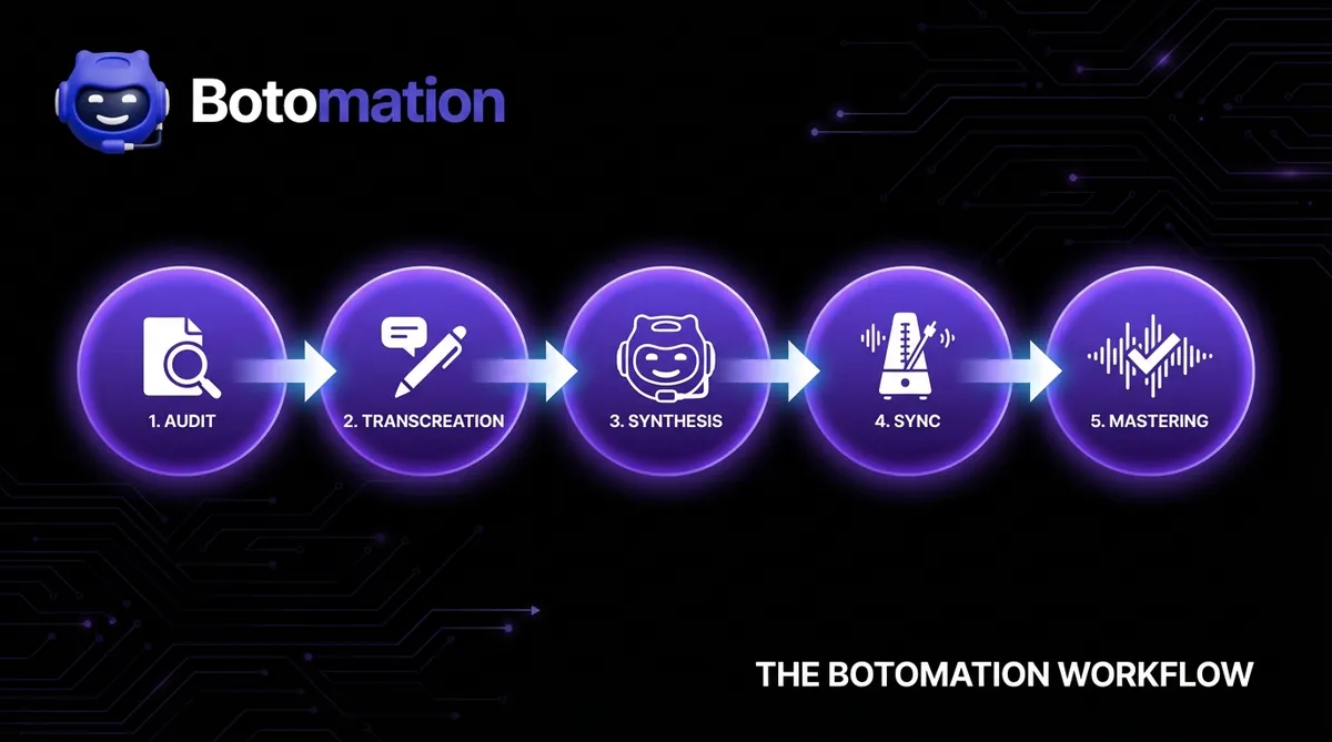 A horizontal five-step flowchart showing the Botomation workflow: Audit, Transcreation, Synthesis, Sync, and Mastering.