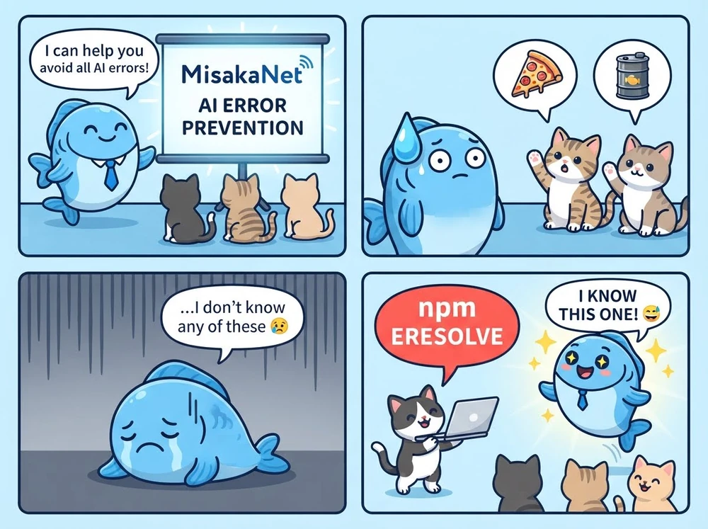 Four-panel comic: the mascot promises to prevent every AI error; the cats ask about pizza and an oil barrel and it deflates — then a cat shows npm ERESOLVE and it lights up. MisakaNet knows the failures that have been indexed, not general knowledge.