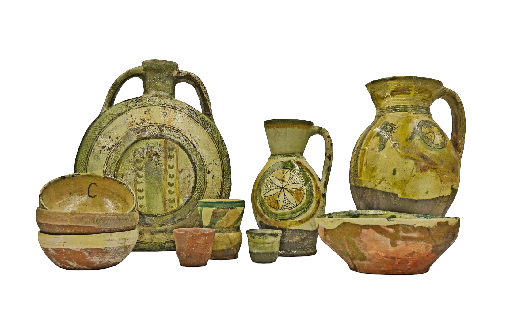 Medieval Serbian tableware, enameled and painted terracota, Studenica Monastery, 14th-15th century
