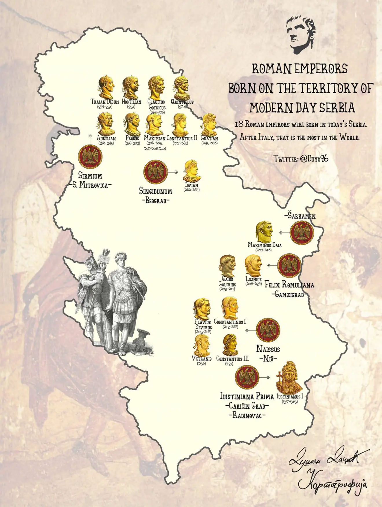 Map with faces of Roman emperors near their birthplaces on the territory of modern-day Serbia