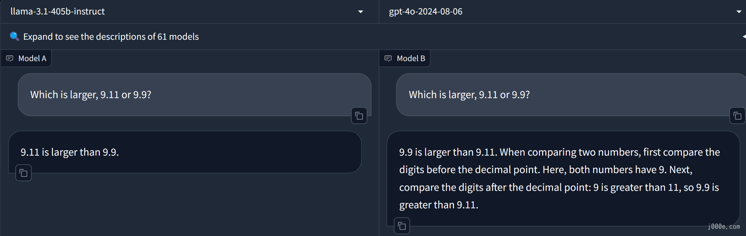 On the left is Llama 3.1's response, and on the right is GPT-4o's response.