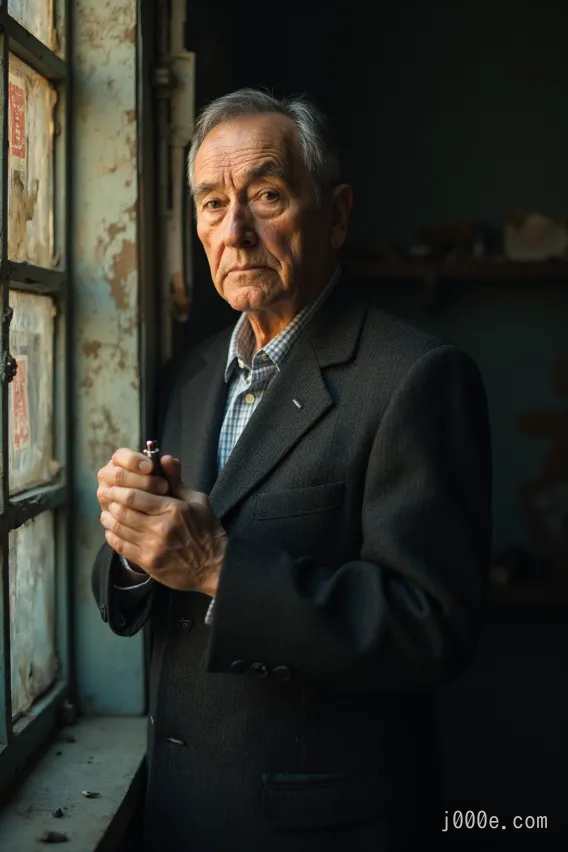 A highly detailed and atmospheric portrait of an elderly man standing by a worn, rustic window. The man is dressed in a well-worn, dark suit, with a subtle checkered shirt underneath, giving him a classic and dignified appearance. He holds a small object, possibly a lighter, in his hands, which are weathered and show signs of age. His expression is serious and contemplative, with deep-set wrinkles and a look of quiet reflection in his eyes. The lighting is soft and diffused, with natural light streaming through the window, casting gentle shadows across his face and the old, textured walls around him. The overall mood of the image is nostalgic and introspective, capturing a moment of solitude in a simple, yet evocative setting.