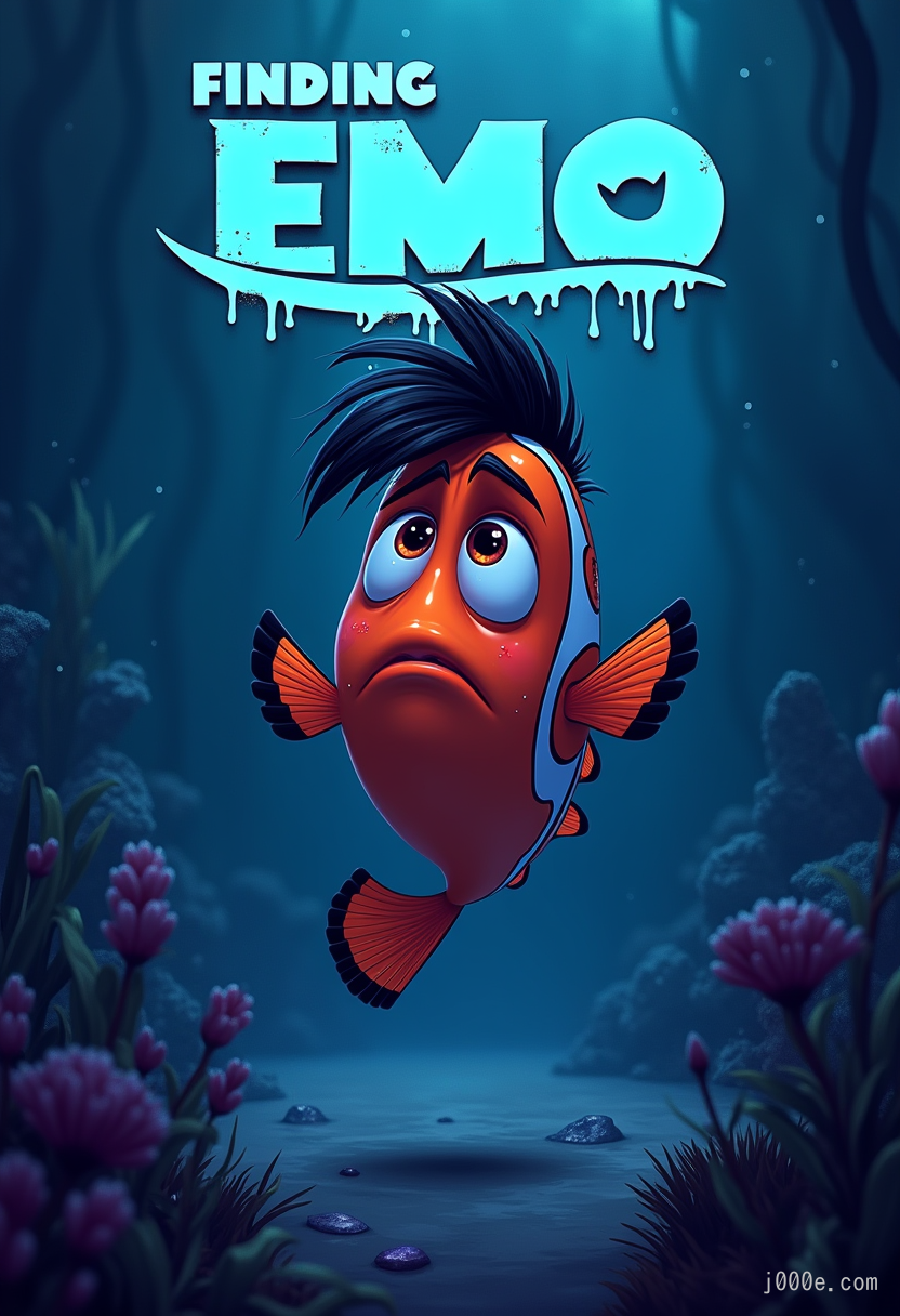 a digital illustration of a movie poster titled "Finding Emo", finding nemo parody poster, featuring a depressed cartoon clownfish with black emo hair, eyeliner, and piercings, bored expression, swimming in a dark underwater scene, in the background, movie title in a dripping, grungy font, moody blue and purple color palette