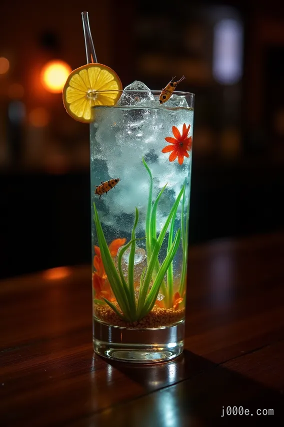 A highly detailed and imaginative image of a unique cocktail in a tall glass, designed to resemble an aquarium. The drink is clear with ice cubes, and inside the glass are elements that mimic an underwater scene: vibrant green aquatic plants, bright orange flowers, and small decorative objects resembling fish swimming through the drink. The glass is garnished with a thin slice of lemon on the rim and a straw placed elegantly into the drink. The background is a dimly lit, warm-toned bar, with the soft glow of ambient lights creating a cozy atmosphere. The overall composition is creative and whimsical, blending the art of mixology with a playful and visually captivating underwater theme.