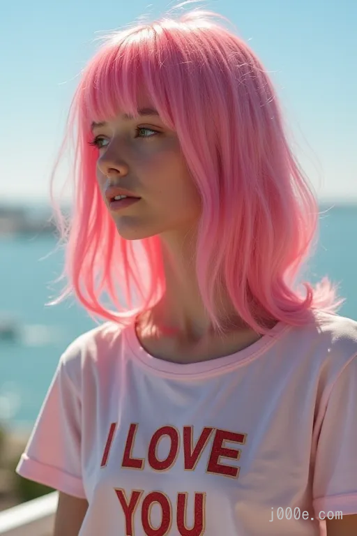 A highly detailed and realistic portrait of a young woman with short, pastel pink hair, styled with soft, tousled waves. She is wearing a light pink t-shirt with the bold, red text "I LOVE YOU" printed on it. The woman is outdoors, standing against a backdrop of a bright, clear blue sky with the ocean visible in the distance. The lighting is soft and natural, giving her skin a gentle glow. The expression on her face is thoughtful and serene, as she gazes off into the distance, capturing a peaceful and introspective moment. The overall atmosphere is vibrant and fresh, with a touch of whimsy from her colorful hair.