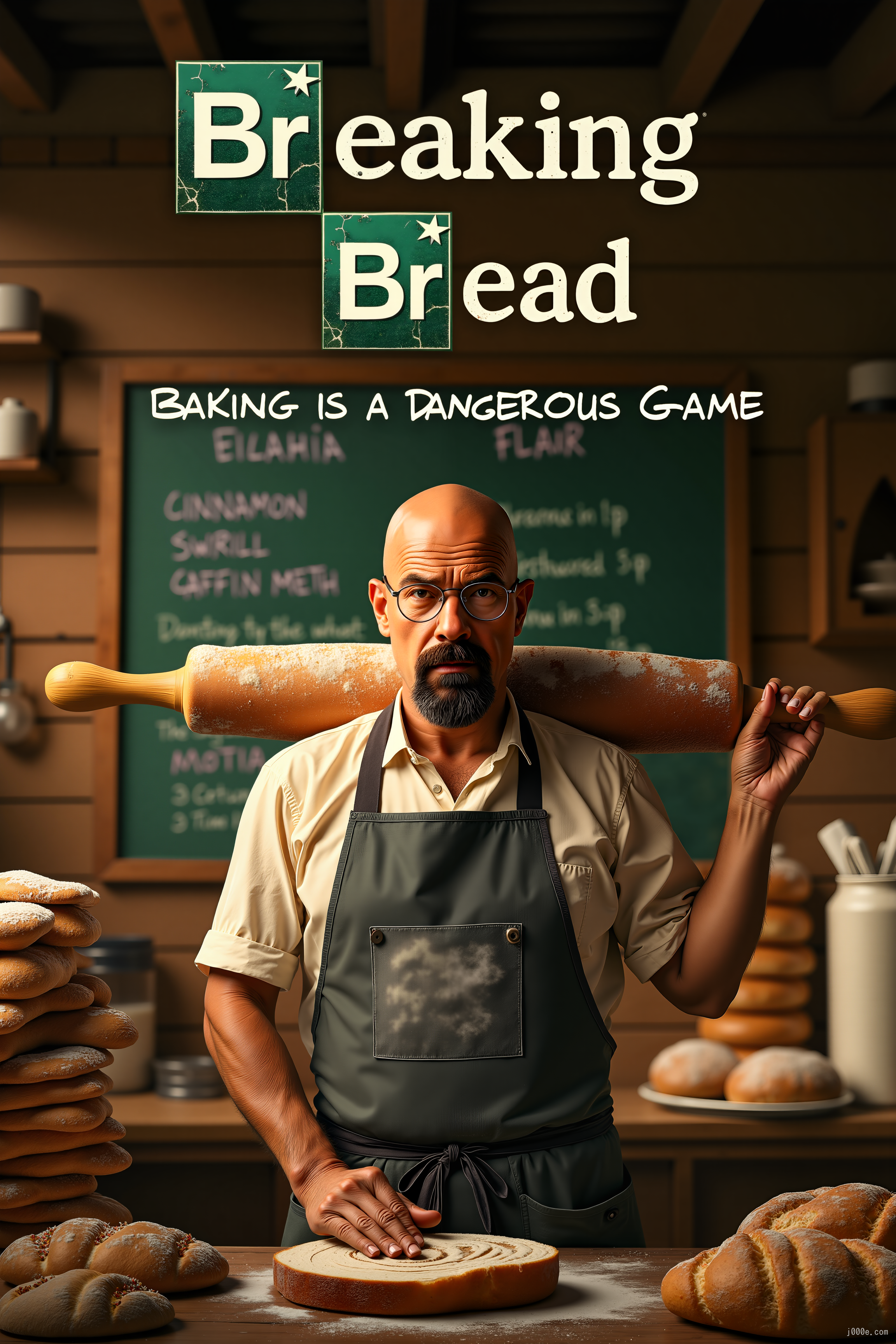 A TV show poster for a parody series titled "Breaking Bread," playing on the name of the famous show Breaking Bad. The poster features a stern-looking baker in a flour-dusted apron, with a rolling pin slung over his shoulder like a weapon. He stands in the middle of a rustic bakery, surrounded by stacks of bread loaves, pastries, and bags of flour, all arranged to mimic the iconic desert backdrop from the original show.Behind him, the bakery's chalkboard menu lists items like "Cinnamon Swirl Cartel" and "Blueberry Muffin Meth," hinting at the culinary chaos that’s about to unfold. The baker’s expression is intense, yet comically serious, as if he's about to take on the world with nothing but his dough and determination.The title "Breaking Bread" is displayed in bold, stylized text at the top, with the "Breaking" in a gritty, cracked font, while "Bread" is written in warm, golden letters resembling freshly baked loaves. The tagline beneath reads, "Baking is a Dangerous Game," adding to the pun-filled humor.The overall color scheme of the poster is a mix of warm, bakery hues with the gritty, dark tones reminiscent of the original show, blending the intense drama of Breaking Bad with the lighthearted, culinary twist of "Breaking Bread.”