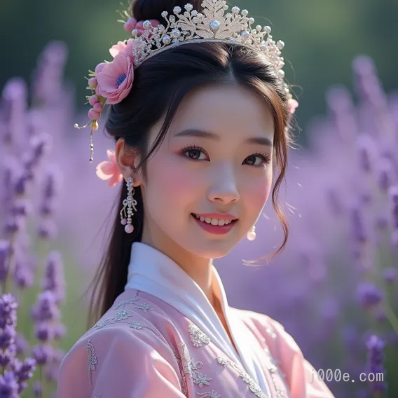 A highly detailed and vibrant portrait of a young Chinese woman dressed in traditional Hanfu attire. She wears a delicate, ornate silver tiara adorned with intricate floral designs and pink flowers that match her outfit. Her hair is elegantly styled in a traditional updo, with soft tendrils framing her face. The woman has a warm, graceful smile, and her makeup is soft and natural, highlighting her youthful beauty. She is standing in a field of blooming lavender, with the purple flowers creating a dreamy, romantic background. The sunlight gently illuminates her face, adding a soft, golden glow to the overall serene and enchanting atmosphere.