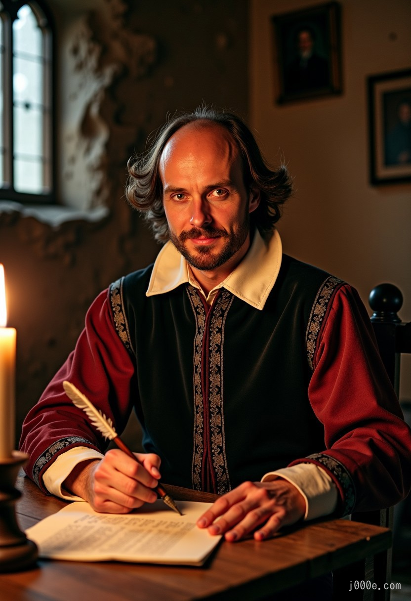 William Shakespeare sits in a sparsely furnished room in a Tudor-era house in Southwark, south London, he is writing on  paper with a quill pen, by candlelight, he has a confident satisfied look on his face, convinced he is writing a masterpiece (which of course he is), late 16th century England, authentic period detail.