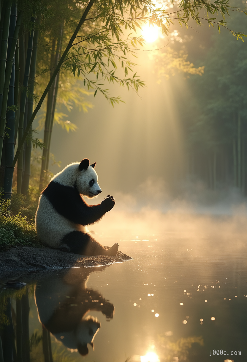 tranquil pond in a bamboo forest at dawn, sun is barely starting to peak over the horizon, panda practices Tai Chi near the edge of the pond, atmospheric perspective through the mist of morning dew, sunbeams, its movements are graceful and fluid - creating a sense of harmony and balance, the pond's calm waters reflecting the scene, inviting a sense of meditation and connection with nature, style of Howard Terpning and Jessica Rossier,lora:other/flux_realism_lora:1.0