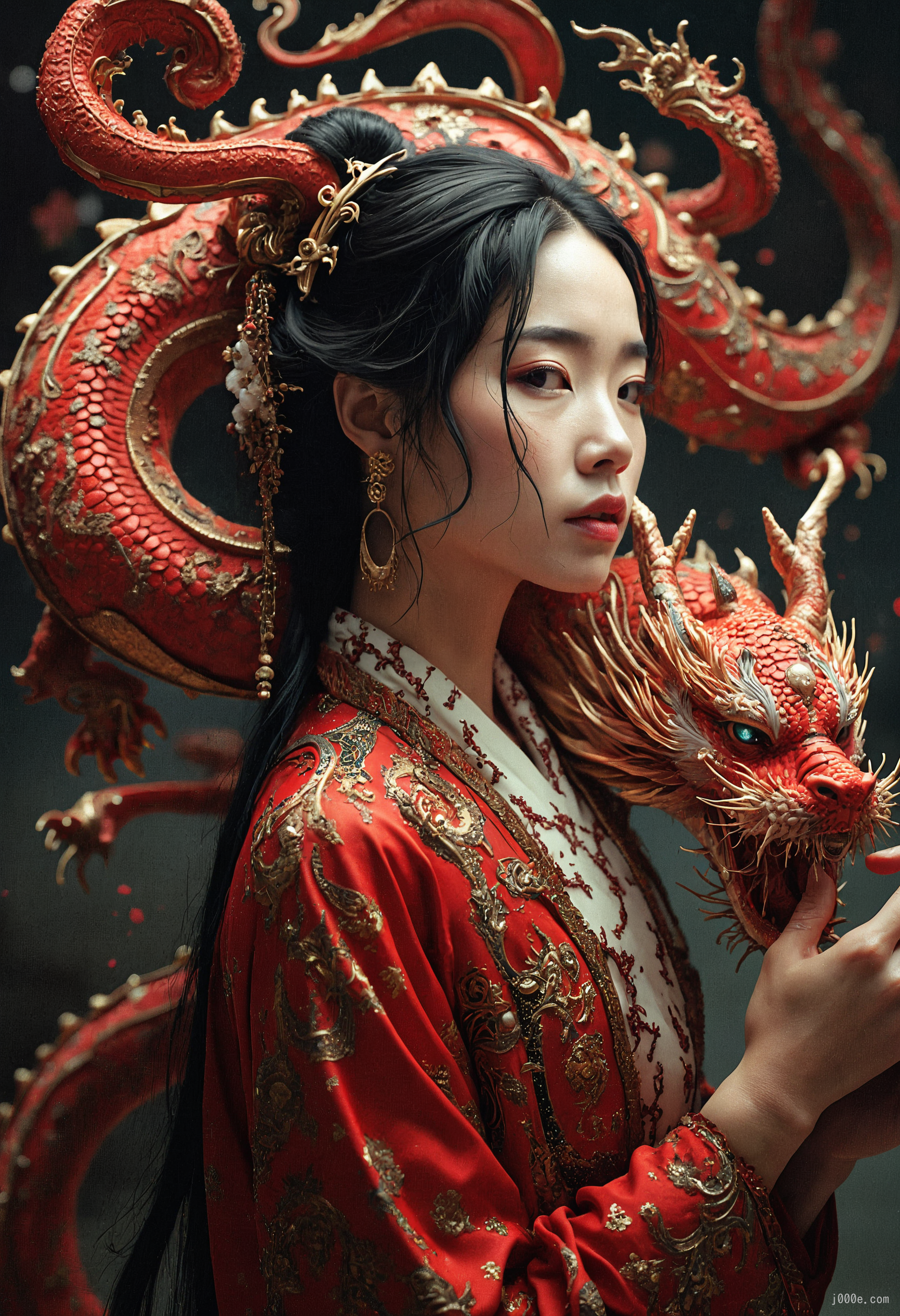 a stunning portrait of an elegant woman dressed in traditional, richly decorated red and gold attire. She has long, flowing black hair adorned with intricate golden hairpieces. A majestic red dragon is coiled around her, with its head positioned near her shoulder, exuding a sense of power and mystique. The dragon's scales are detailed and shimmering, and its eyes glow with an intense green hue. The background should be dark and moody, emphasizing the dramatic and regal atmosphere of the scene, with the woman's expression reflecting calm confidence.