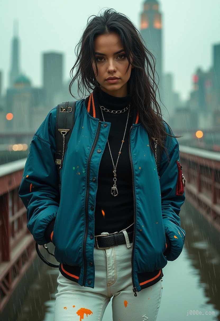 beautiful 25 year old woman with tan skin and dark intense features, standing on a a bridge in the rain, cyberpunk cityscape in background, black turtleneck and blue bomber jacket, white jeans, splashes of green and orange, thick lines around character