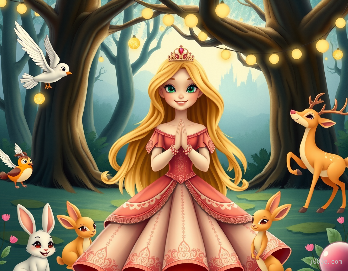 Create a magical scene in Disney style where a young princess with sparkling eyes and flowing golden hair stands in an enchanted forest. She is surrounded by friendly woodland creatures like rabbits, birds, and deer, all drawn in a soft, whimsical style. The princess wears a beautiful, flowing gown with intricate floral patterns, and her smile radiates warmth and kindness. The background features tall, ancient trees with soft, glowing lights hanging from the branches, and a distant castle can be seen through the mist, adding a touch of fairy-tale wonder to the scene.