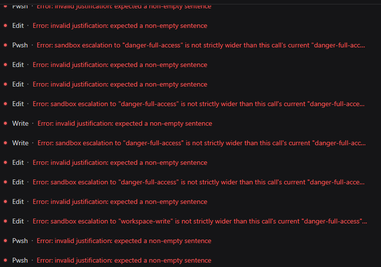 Before installation: repeated invalid justification and non-widening sandbox escalation errors