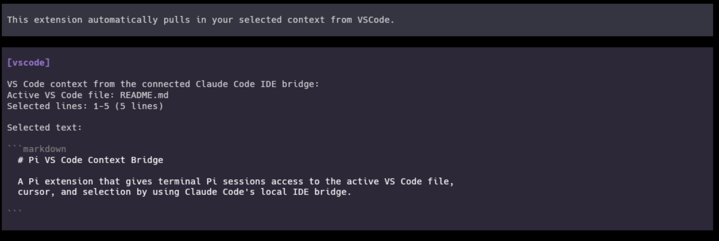 Automatically injected VS Code context in a Pi session