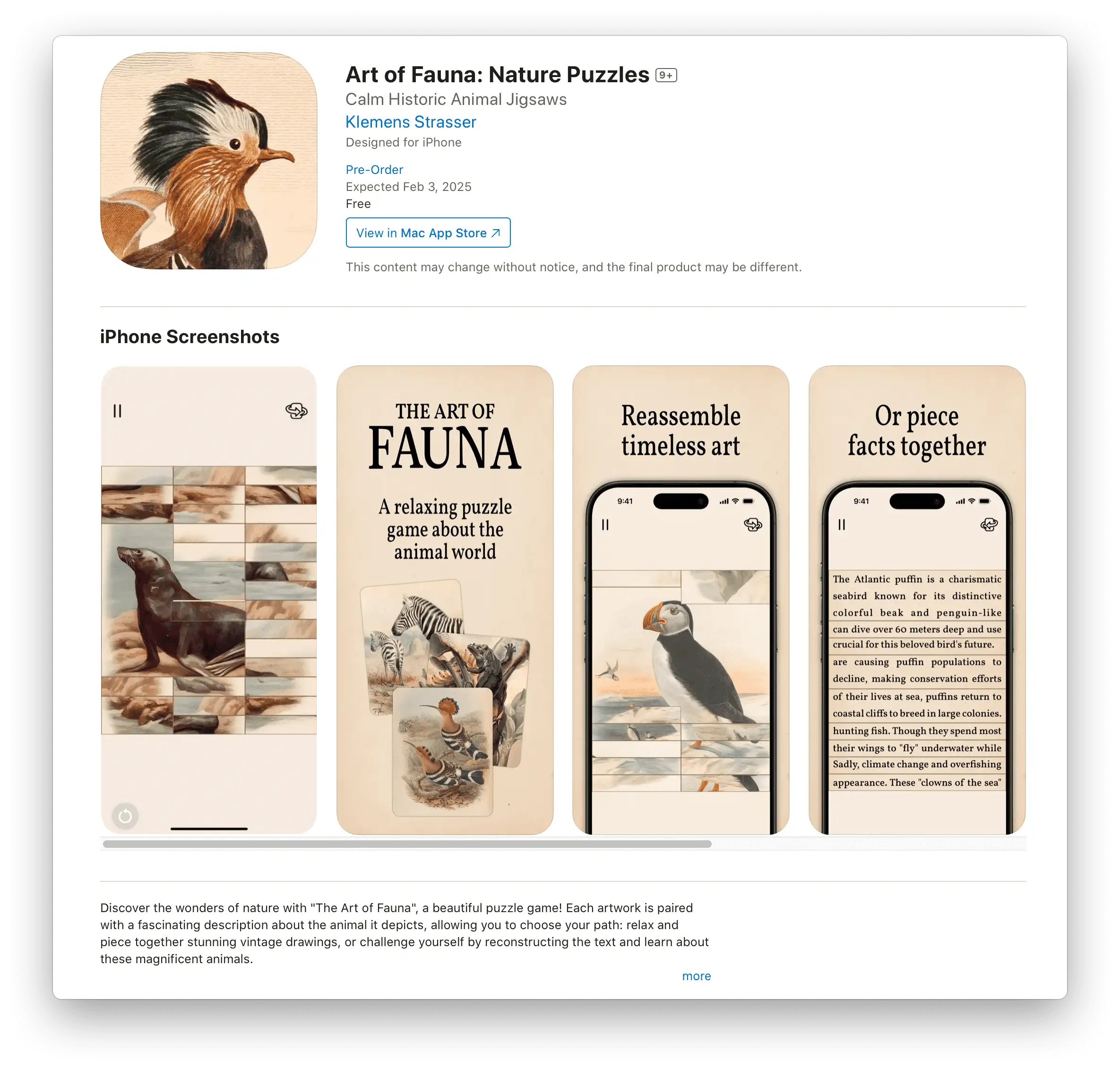 Art of Fauna: Nature Puzzles