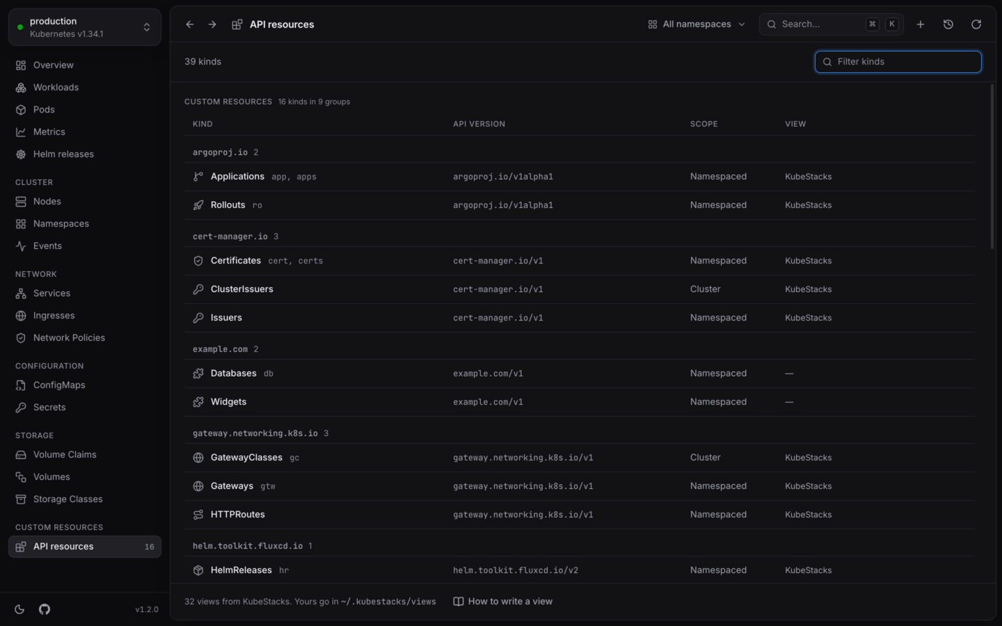 Every kind the cluster serves, custom resources included.