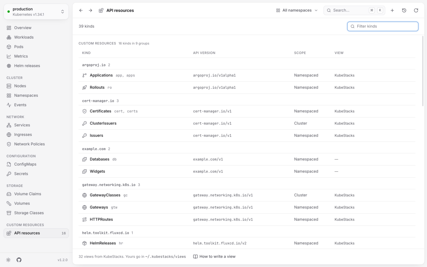 Every kind the cluster serves, custom resources included.