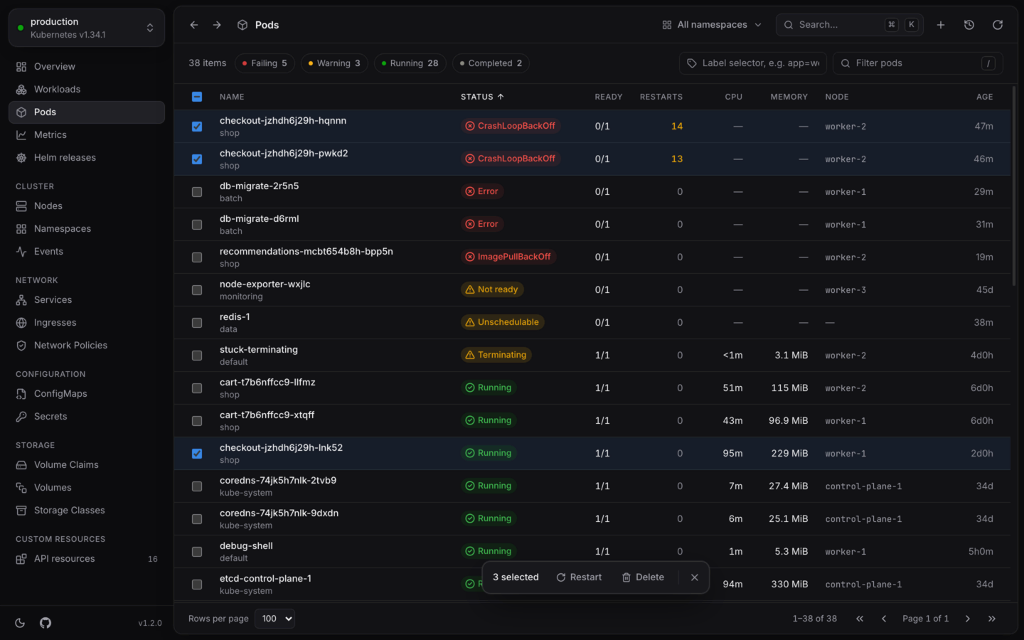 The pods list with several rows checked, and a bar at the bottom showing how many are selected and the actions for them.