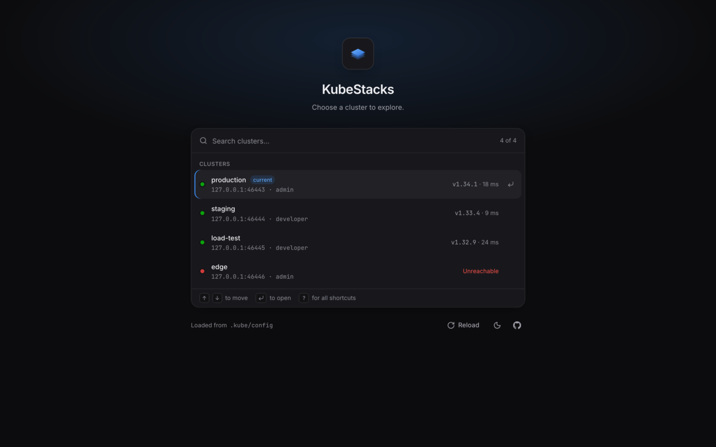 The KubeStacks start screen, listing four clusters with their versions and response times, and one marked Unreachable.