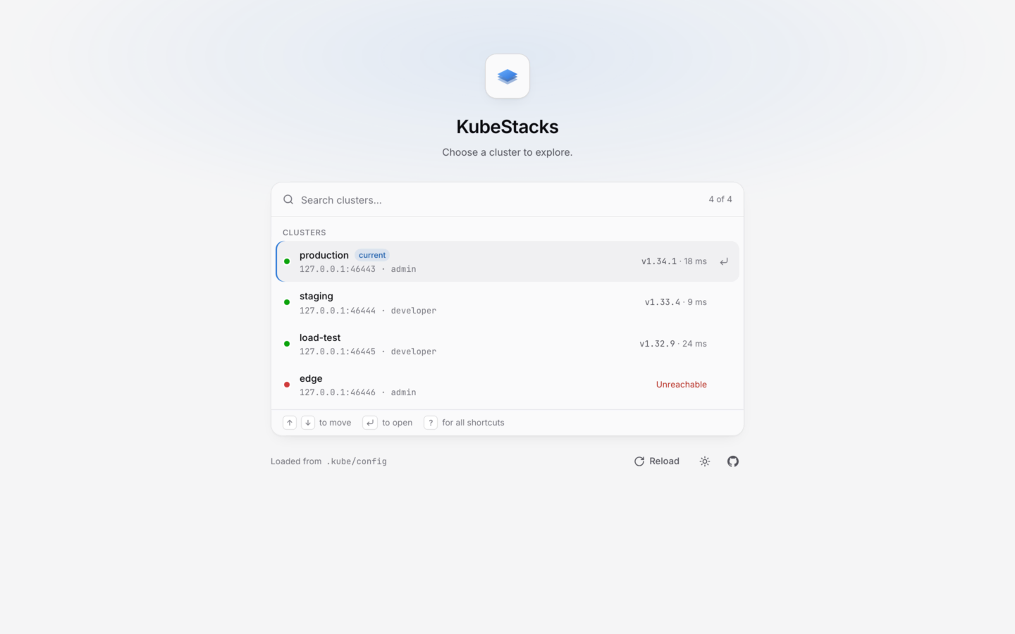 The KubeStacks start screen, listing four clusters with their versions and response times, and one marked Unreachable.
