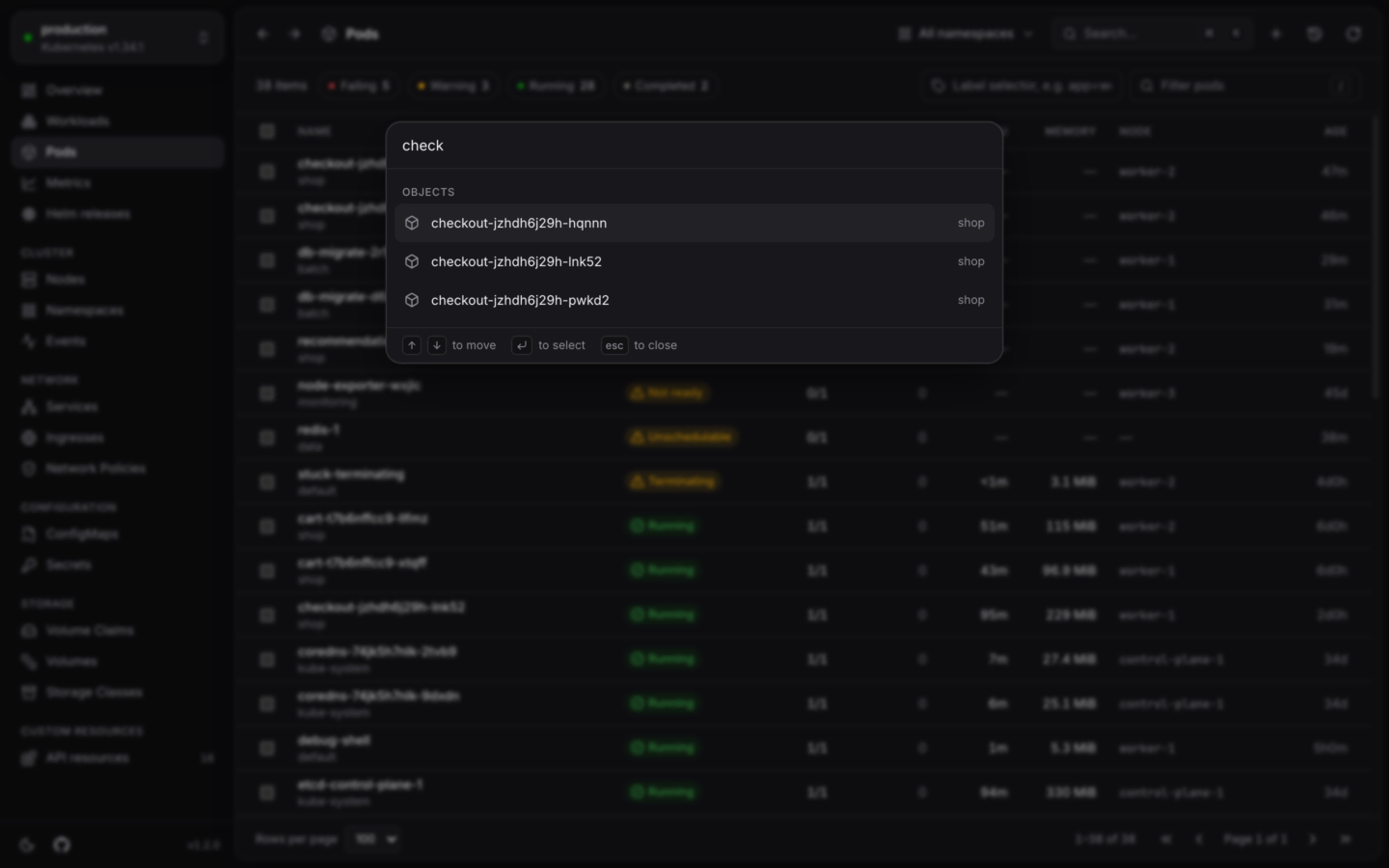 The command palette open over the app, listing matching objects, views and actions.