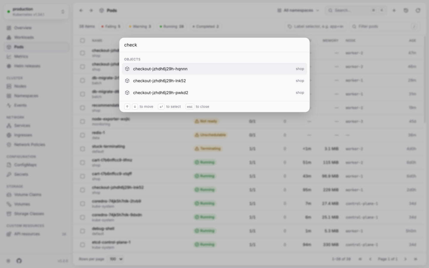 The command palette open over the app, listing matching objects, views and actions.