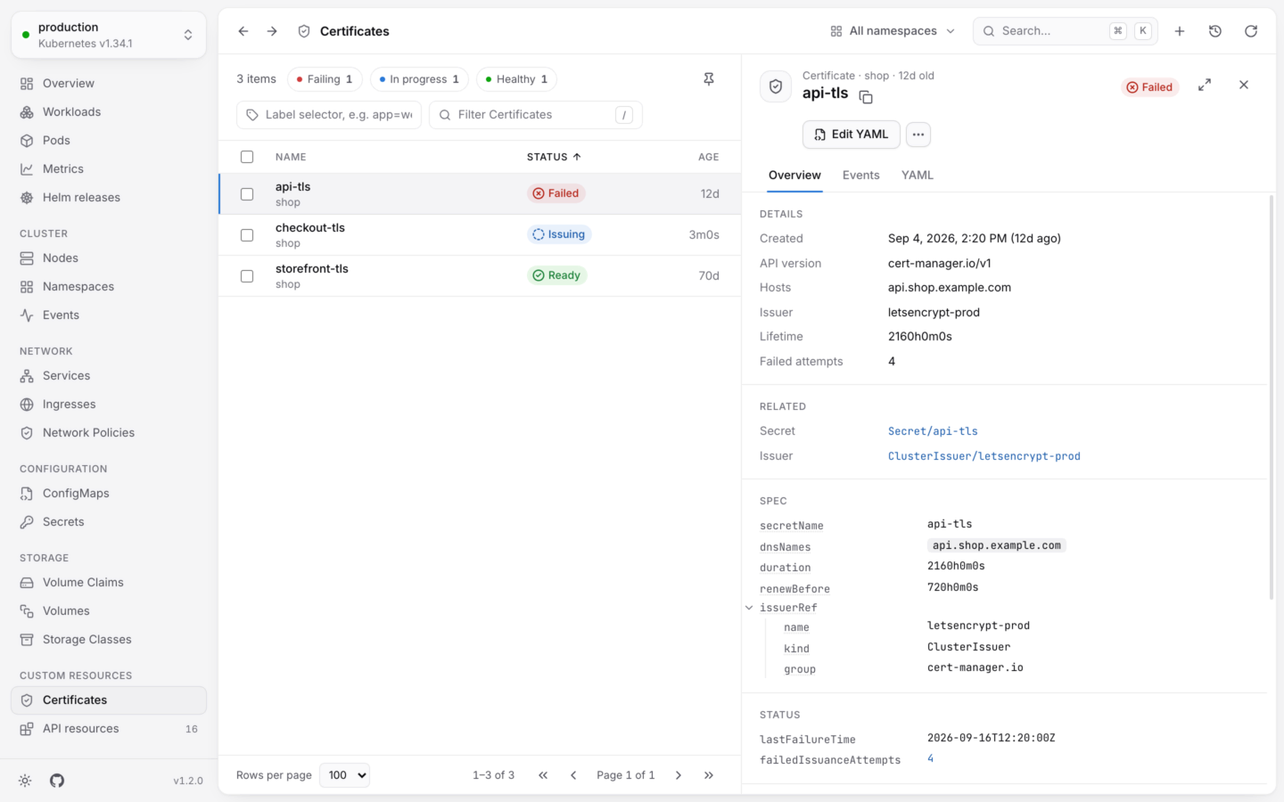 A cert-manager Certificate open in the detail panel, with its details, related Secret and Issuer, and its spec as a tree.