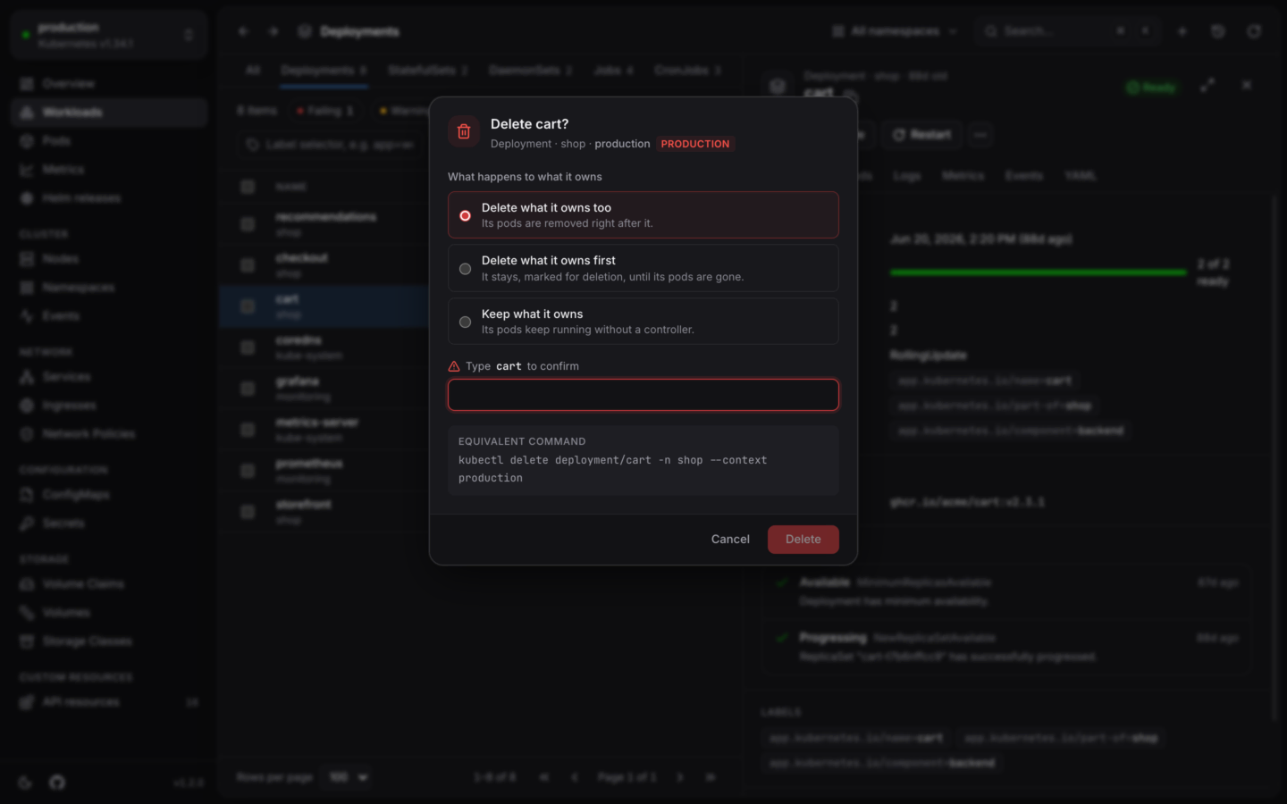 A delete dialog in a production cluster, with the PRODUCTION badge, a field to type the name, and the equivalent kubectl command.