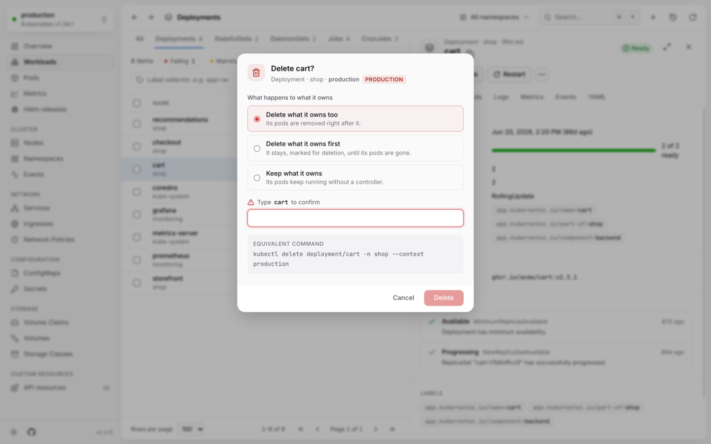 A delete dialog in a production cluster, with the PRODUCTION badge, a field to type the name, and the equivalent kubectl command.