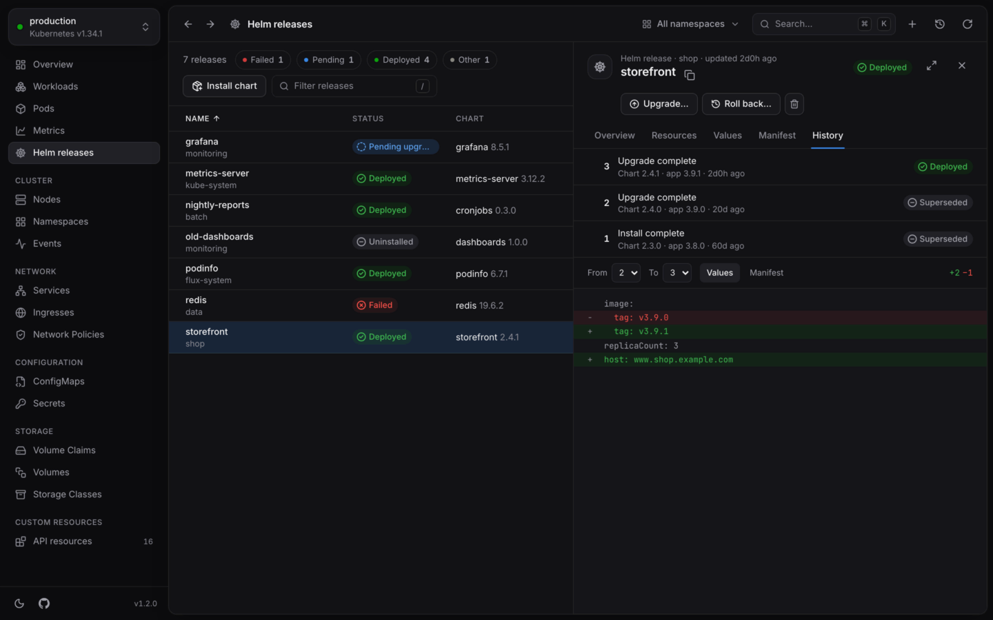 A Helm release's history, ready to roll back.