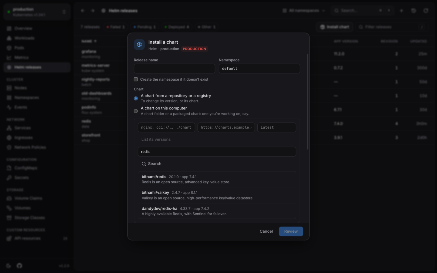 Finding a chart on Artifact Hub to install.