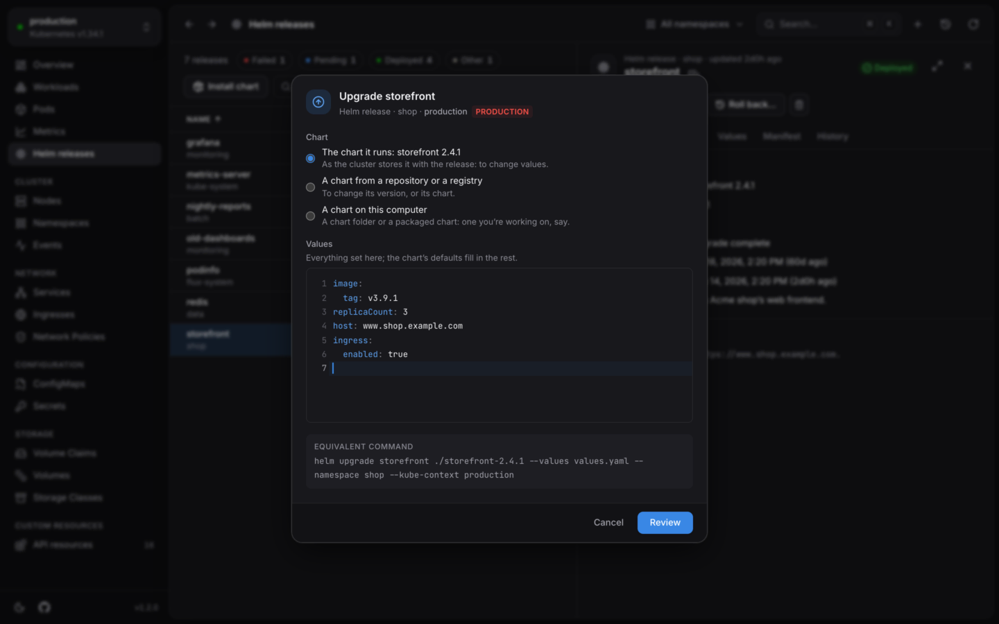Upgrading a Helm release with new values.