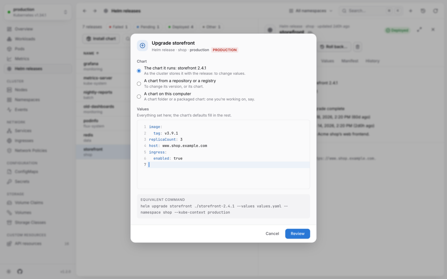 Upgrading a Helm release with new values.